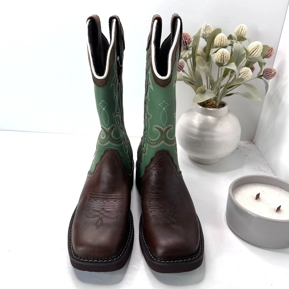 Justin Raya Western Distressed Square Toe Cowgirl Boot Brown Green Women 7B NWD